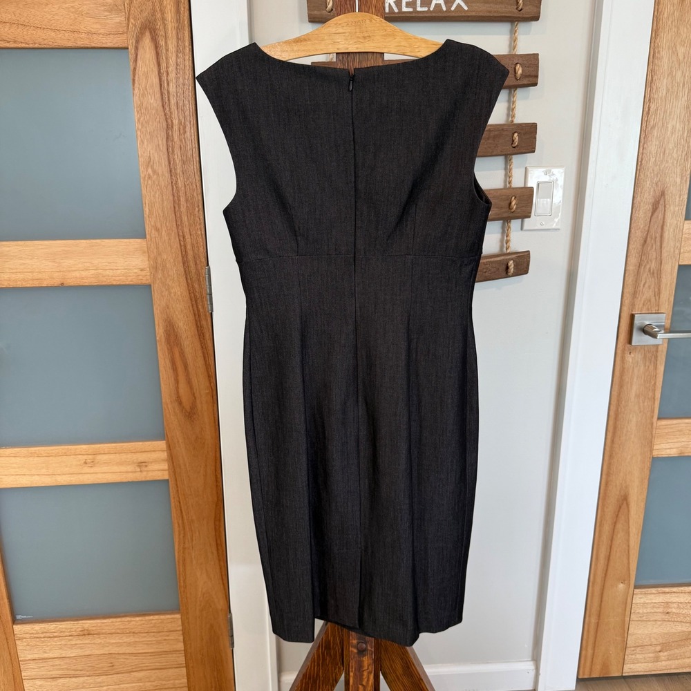 Calvin Klein Pleated Square Neck Minimalist Sheath Career Dress Charcoal 6 EUC - Picture 2 of 11